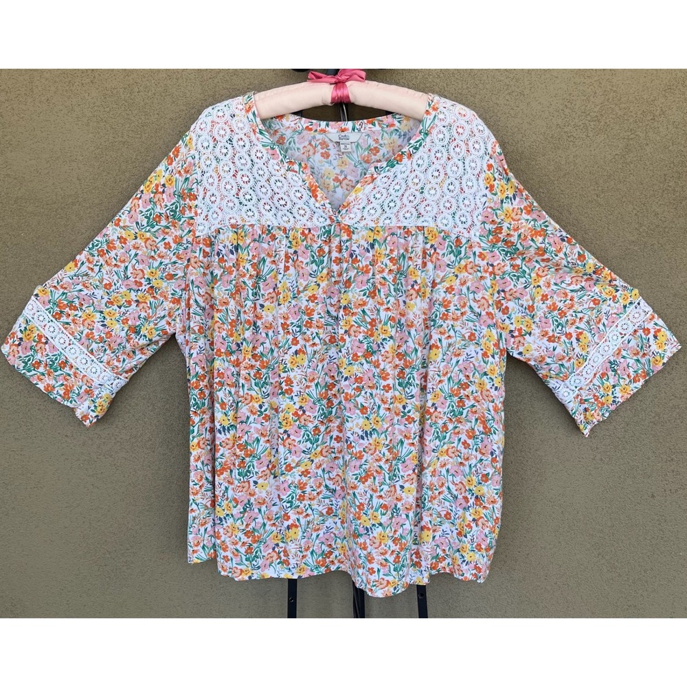 Croft & Barrow Floral Blouse Crochet Trim V Neck 3/4 Sleeve Plus Country Size 2X